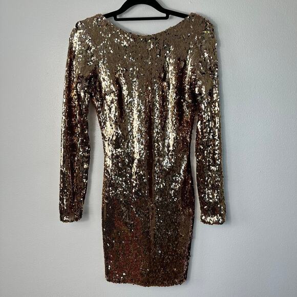 Dress the Population Lola Sequin Mini Low Back Long Sleeve Party Sexy Gold XS - Picture 3 of 8